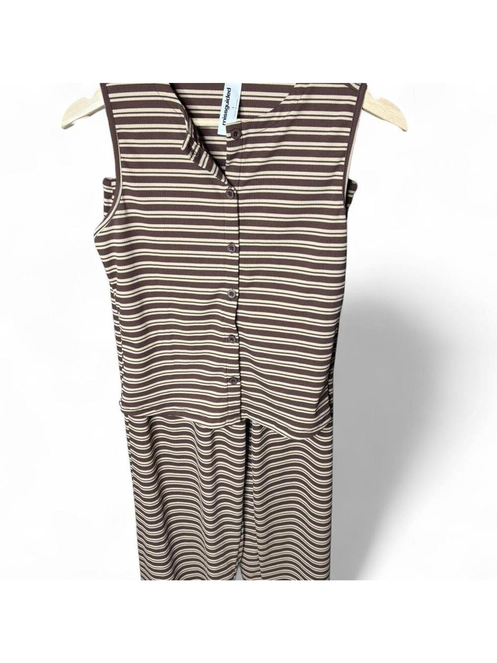Missguided Brown/Cream Striped Ribbed Sleeveless Wide Leg 2 Piece Set Size Small